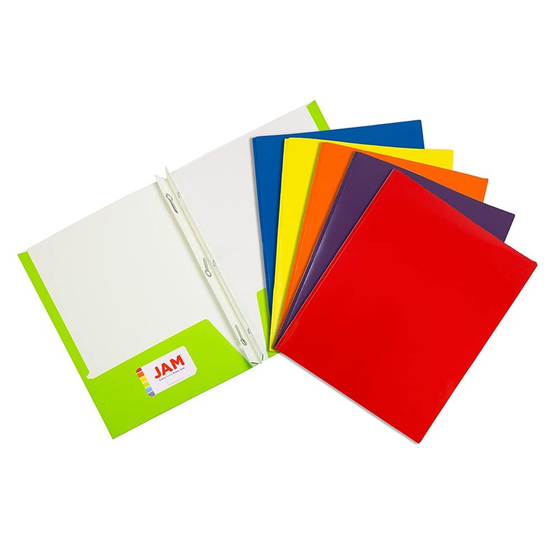 JAM Paper Laminated Two Pocket Glossy Folders with Metal Prongs Fastener Clasps - Assorted Primary Colors - 6/Pack - Image 1